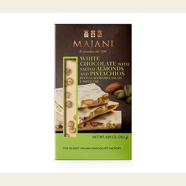 Majani Бял шоколад с цели бадеми и пистачио, 250 гр.
