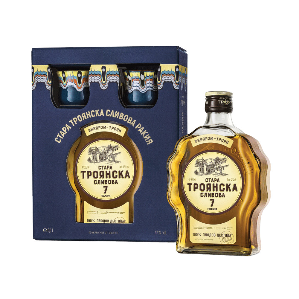 Aged Plum Brandy in a box with two ceramic cups, Vinprom Troyan 0.5
