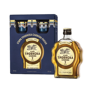 Aged Plum Brandy in a box with two ceramic cups, Vinprom Troyan 0.5