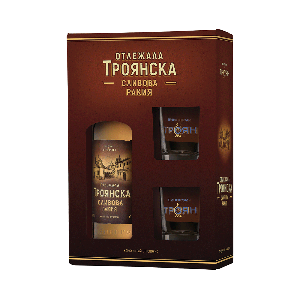 Troyanska Aged Plum Brandy in a Gift Box with Two Glasses, Vinprom Troyan 0.7