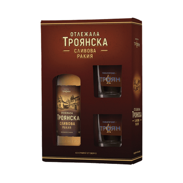 Troyanska Aged Plum Brandy in a Gift Box with Two Glasses, Vinprom Troyan 0.7