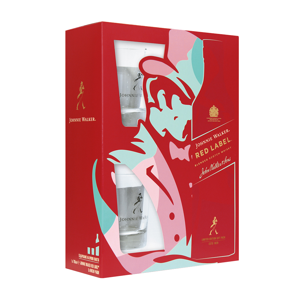 Johnnie Walker Red Label 0.7 with two lowball glasses
