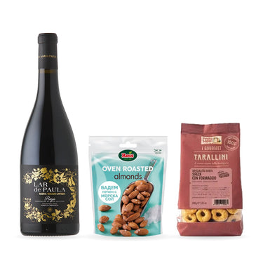 Lar de Paula Reserva 2015, печен бадем с морска сол и тарали със сирене и спек